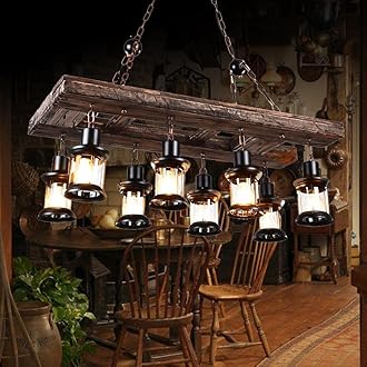 A Million Retro Farmhouse Wood Chandelier, 8-Light Industrial Chandelier Light Fixture with Seeded Glass Shades, 38" Rectangle Pendant Chandeliers for Dining Room, Kitchen Island