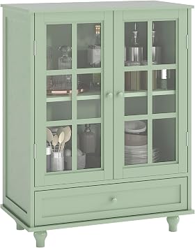 Narrow Glass Display Cabinet, Sideboard with Storage, 36" Kitchen Buffet Storage Cabinet with 2 Glass Doors and 1 Drawer, Mint Green