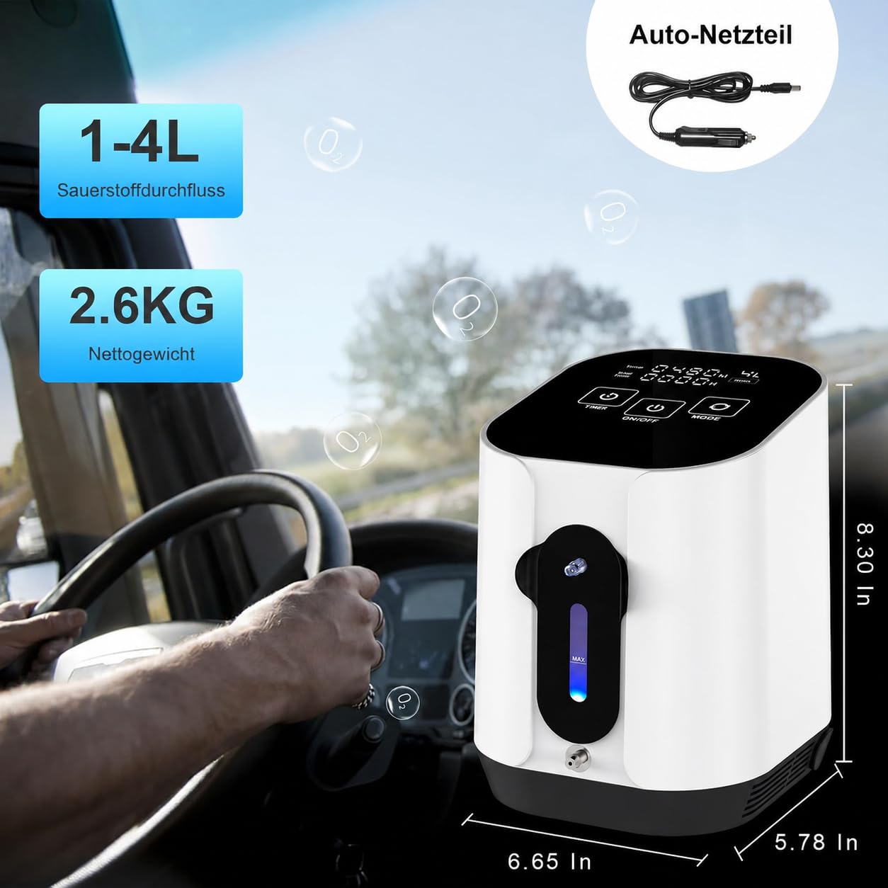 Tragbarer Sauerstoffgerät für Zuhause, 1-4L/min Einstellbar, 90% Sauerstoffkonzentration, Sauerstoffkonzentrator für Reisen, Büro und Alltag, 2.6 kg Leicht & Kompakt, Timerfunktion, LCD-Bedienung