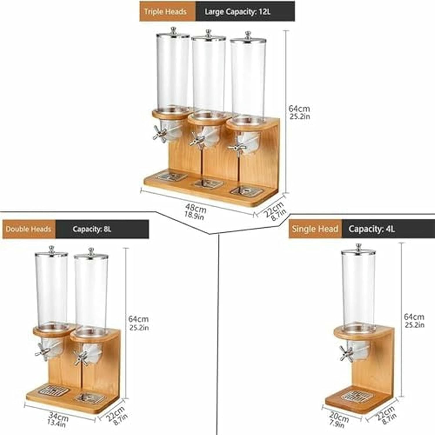 Dry Food Dispenser with PC Barrel and Wood Base, Countertop Cereal Storage Container