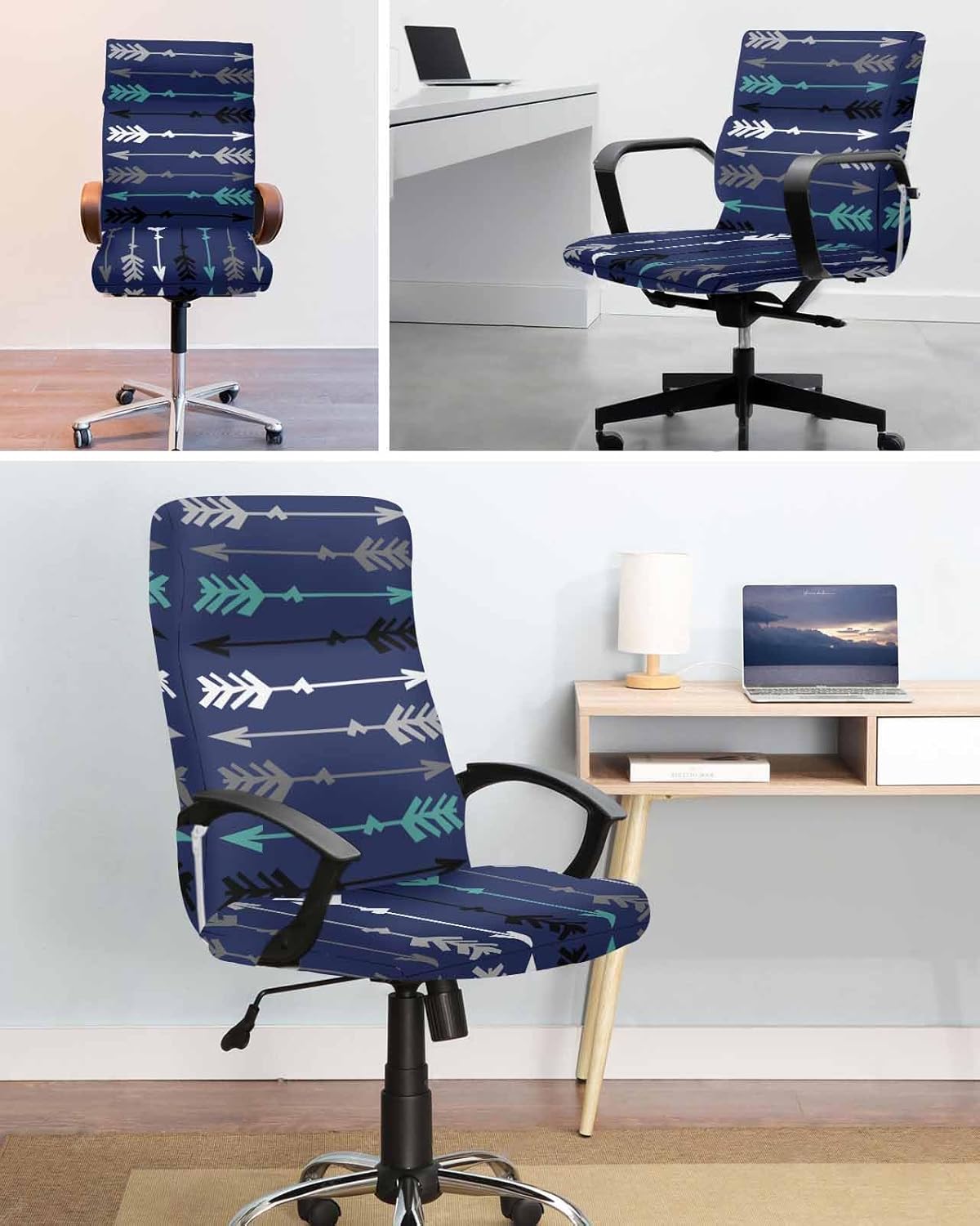 Grey Black Teal Arrow Office Chair Covers, Stretchable Rotating Chair Slipcovers, Boho Ethnic Farmhouse Navy Blue Spandex Universal Boss Chair Cover Removable Washable Chair Seat Cover, Large