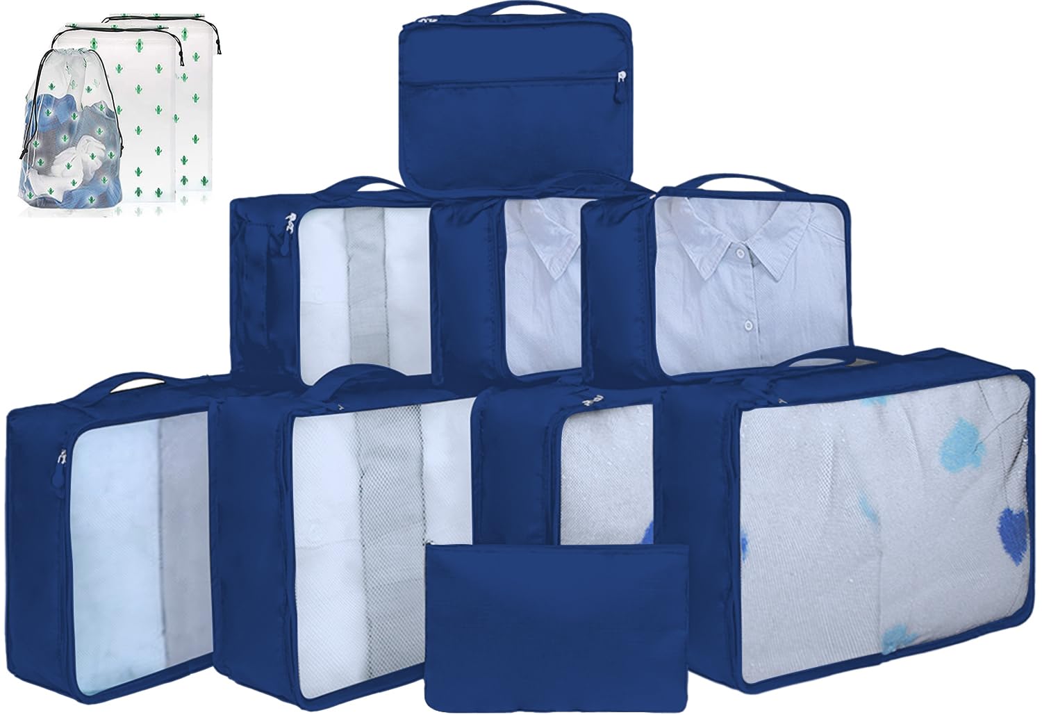 10 Packing Cubes for Suitcases – Luggage Organiser in Various Sizes – Mesh Travel Packing Cube Set in Assorted Colours, 12 Navy Blue Mixed Sizes, 1.44 liters