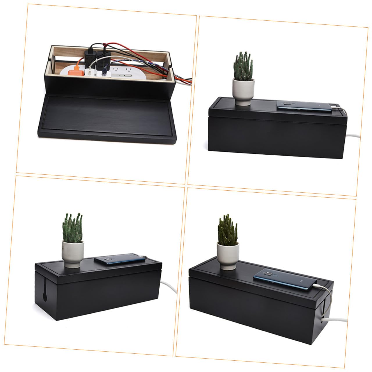 Caja de Enchufes Grande de Madera Negra para Orden de Cables