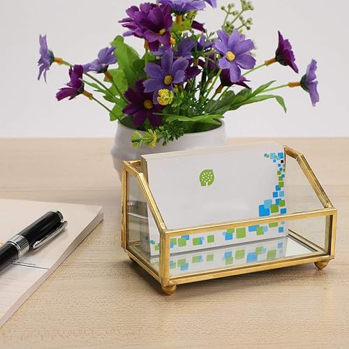 Miniatura 2 de Hipiwe Soporte para tarjetas de visita de cristal, marco de metal dorado, organizador de tarjetas de presentación, soporte de almacenamiento de