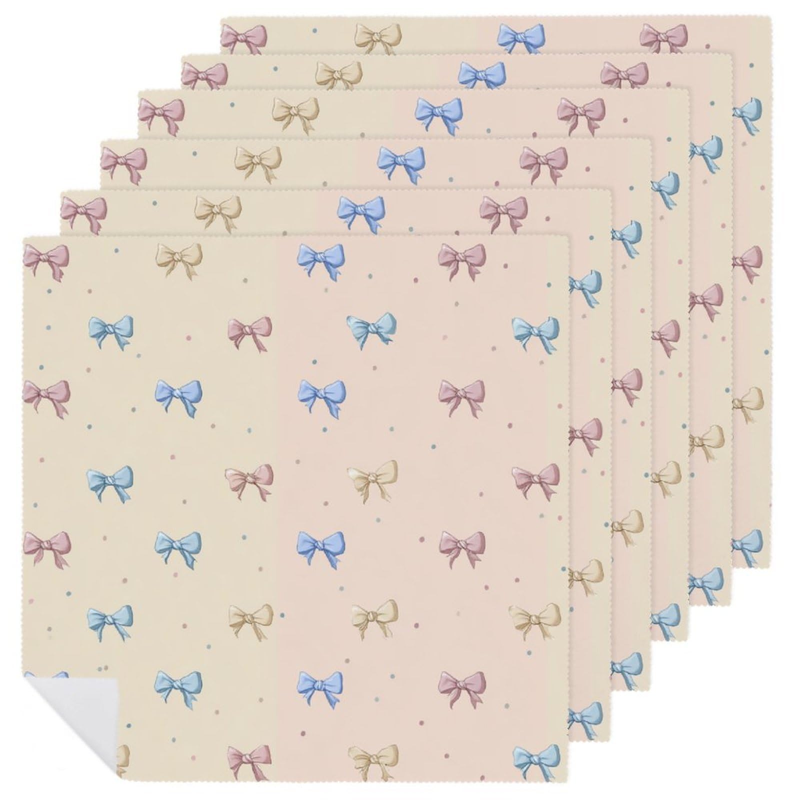 Tiny Bows Mixed with Small Dots Cloth Napkins Set of 6, Square Premium Reusable Washable Polyester Table Linen Napkin for Dinner Party
