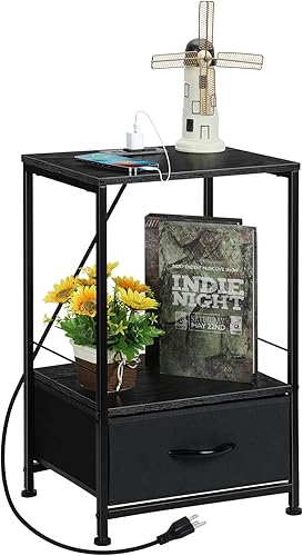 MOOACE Mesa auxiliar con estación de carga y puertos USB, mesita de noche, mesa auxiliar con cajón de tela con estante de almacenamiento, mesita de