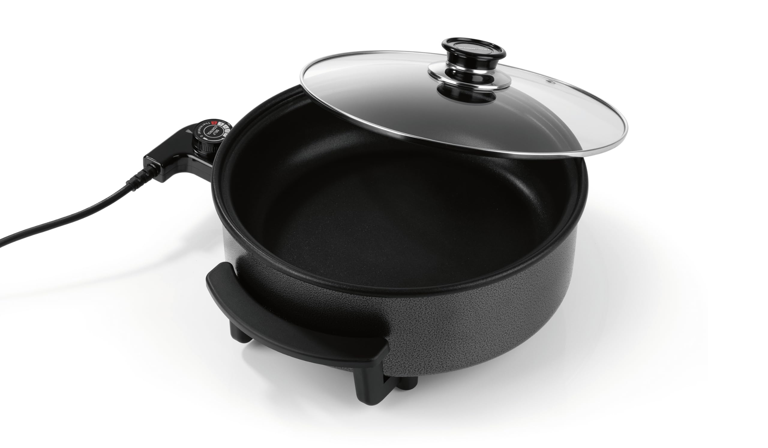 GOURMETmaxx Elektryczna patelnia do pizzy z termostatem i szklaną pokrywką | wielofunkcyjna, 30 cm, 1500 W | patelnia do pizzy