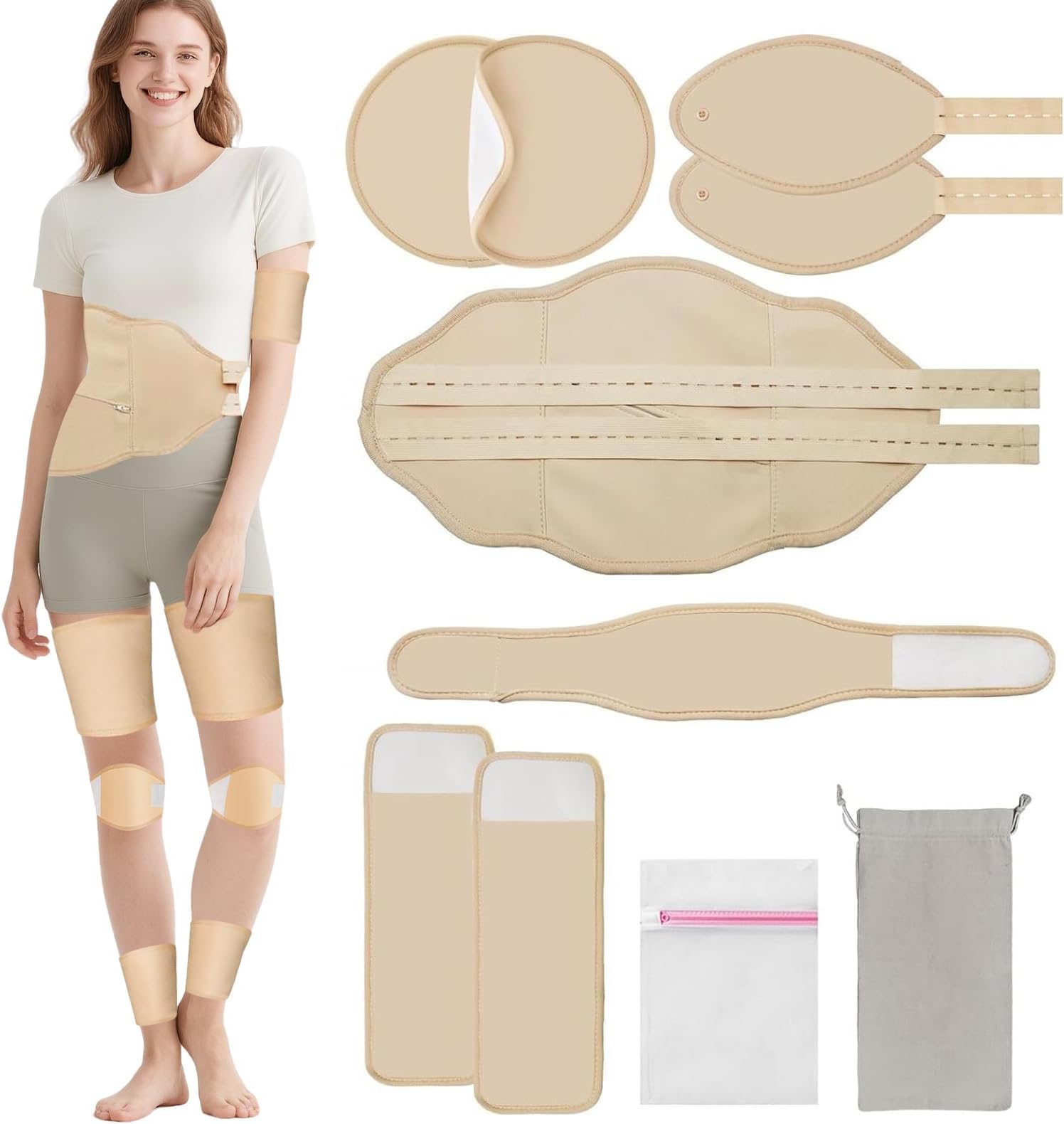 MQUPIN Castor Oil Pack Wrap Organic Cotton Khaki, 10Pcs Reusable Organic Castor Oil Pack Kit for Waist Neck Breasts Knee Feet with Adjustable Elastic Strap for Liver Detox, Bag Design Can Hold Ice Bag