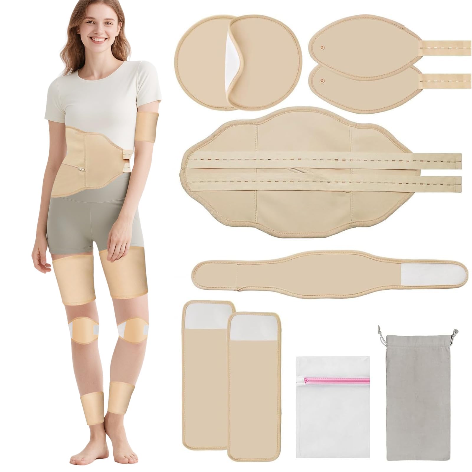 MQUPIN Castor Oil Pack Wrap Organic Cotton Khaki, 10Pcs Reusable Organic Castor Oil Pack Kit for Waist Neck Breasts Knee Feet with Adjustable Elastic Strap for Liver Detox, Bag Design Can Hold Ice Bag