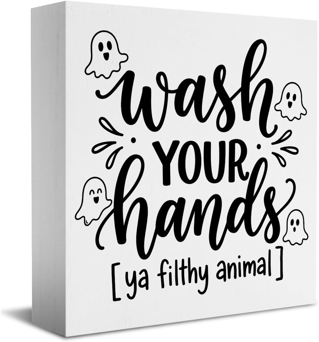 Funny Ghost Black Cat Halloween Bathroom Wooden Box Sign Welcome to the Bathroom Wood Sign Decor for Home Toilet Restroom Shelf Tabletop Desk