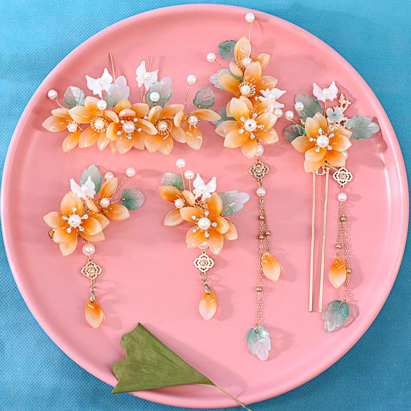 Juego de 5 pinzas para el cabello con flores vintage, pinzas decorativas de cristal naranja para el cabello, pasadores de perlas francesas,