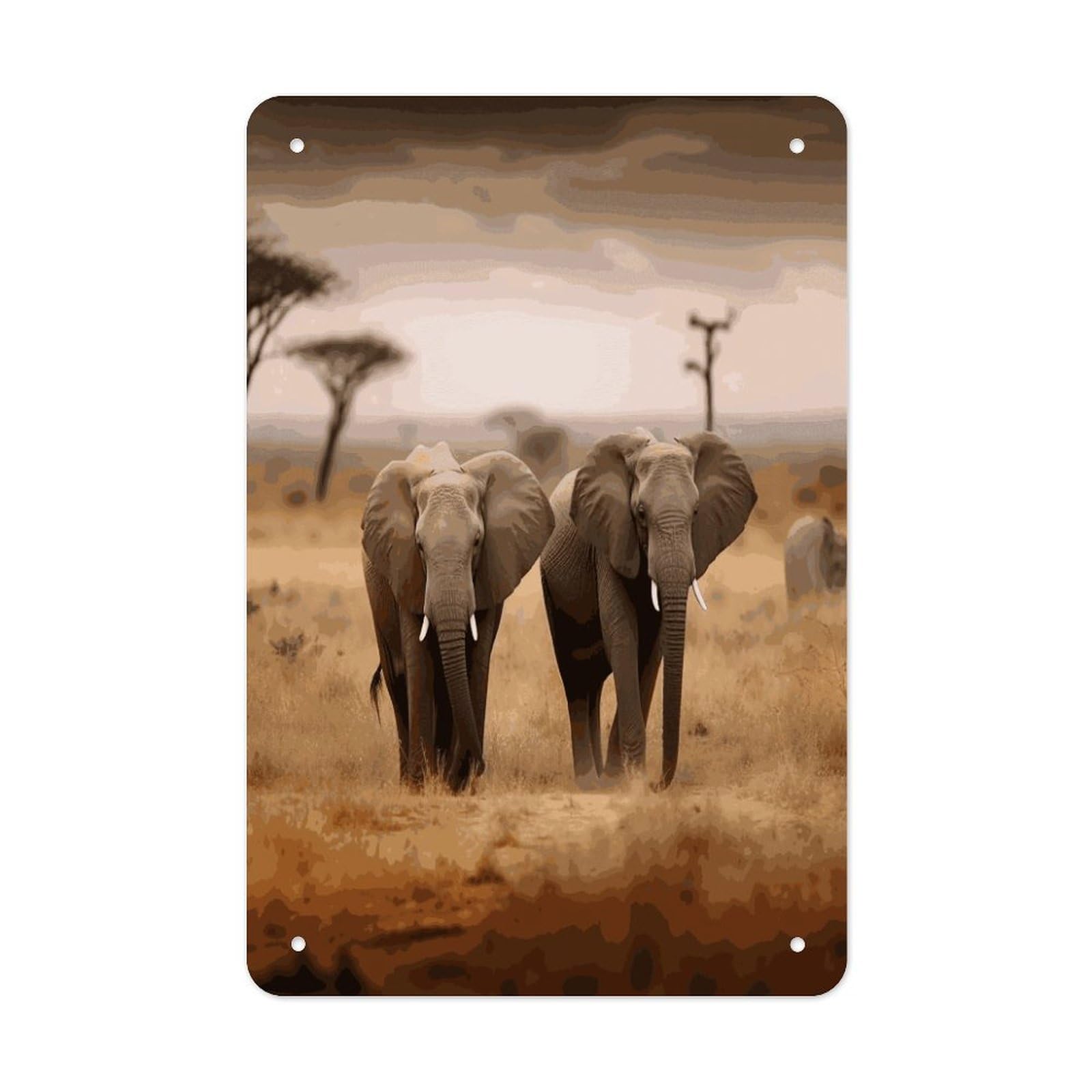 LDGSUPH Wild Animals Elephants Wall Art Prints Folded Edge Iron Sheet Painting with Holes for Wall Prints Decorative Picture Metal Signboard Decor Painting for Outdoor Indoor Wall Decor