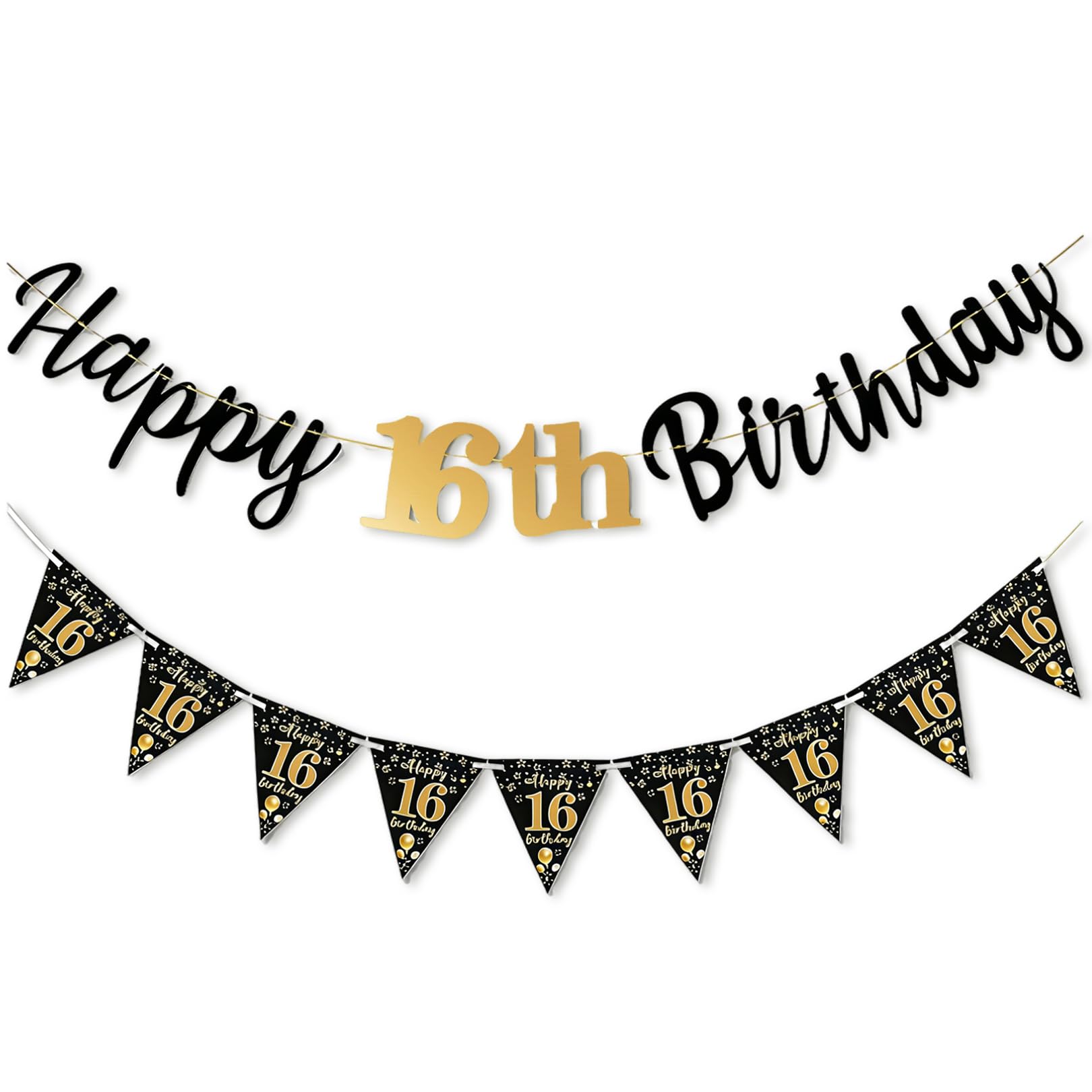 16th Birthday Decorations,Happy 16th Birthday Banners Black And Gold Party Decoration Bday Banner Bunting Ceiling Topper Paper Backdrop Party Decs for Him Boy Girls Men Women Friends