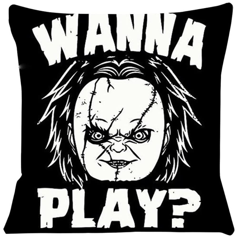 The Beach Stop Chucky Wanna Play Chucky Horror Movie Scary Quote Scatter Cushion Cover | Unique Home Decor Inspo Gift Idea | 45X45cm 18X18” |