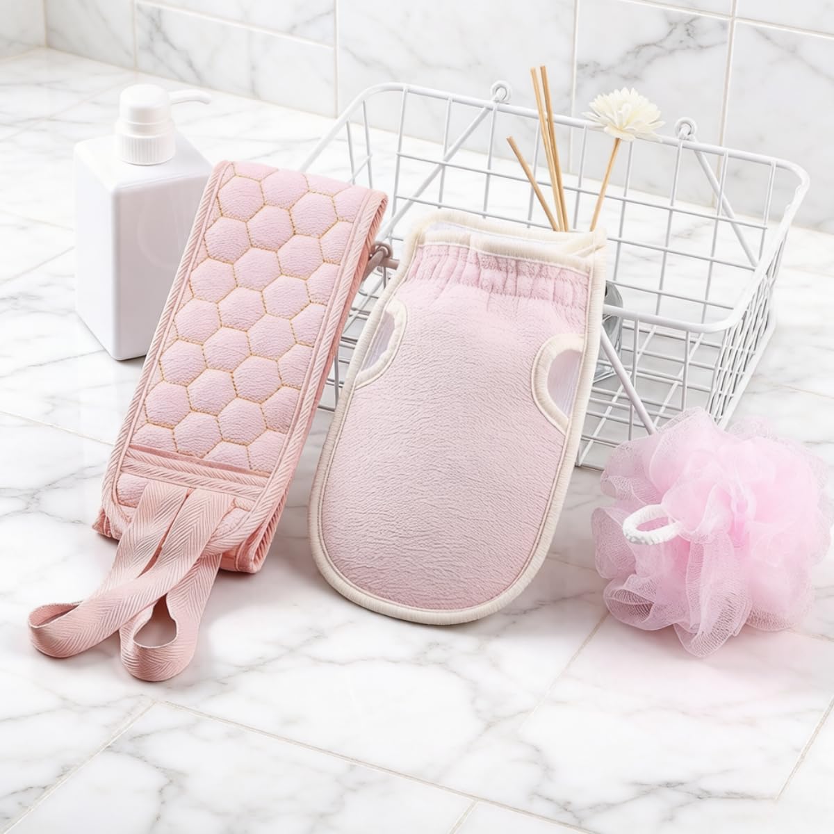 3Pcs Bath Exfoliating Kit, Long Back Scrub Strap, Shower Glove & Mesh Bath Sponge, Dual Texture Body Cleansing Tools, Practical Bathroom Accessories for Daily Shower Use, Light Pink