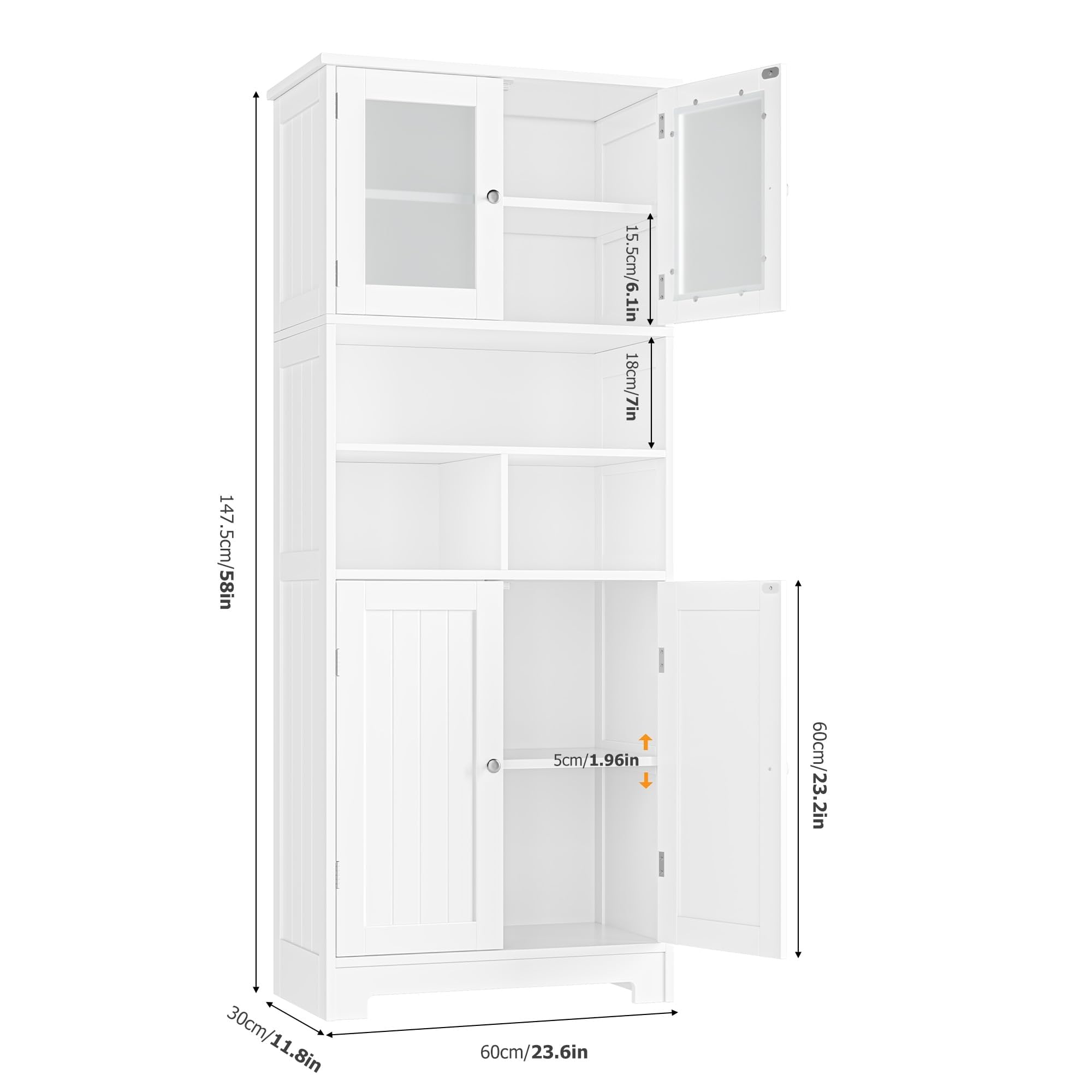 HOCSOK Mueble Columna de Baño, Mueble Auxiliar de Almacenaje con 4 Puertas y Compartimentos de Almacenamiento, Armario de Madera de Suelo para Entrada, Salón y Cocina, Blanco