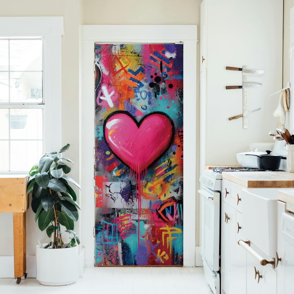 arricraft 2 Pcs Self-Adhesive Door Sticker, 31.5"x78.7" Street Culture Wall Graffiti Love Illustration Murals Stickers PVC Removable Wallpaper Decoration for Bedrooms ​Living Room