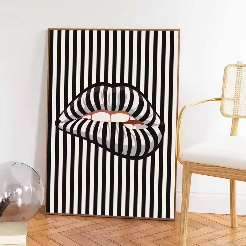 LIRHIQYGF Einfaches und abstraktes gestreiftes, lippenförmiges Leinwandposter, Wandbild, moderne Wohn- und Schlafzimmer-Inneneinrichtung (80 x 120 cm/rahmenlos)