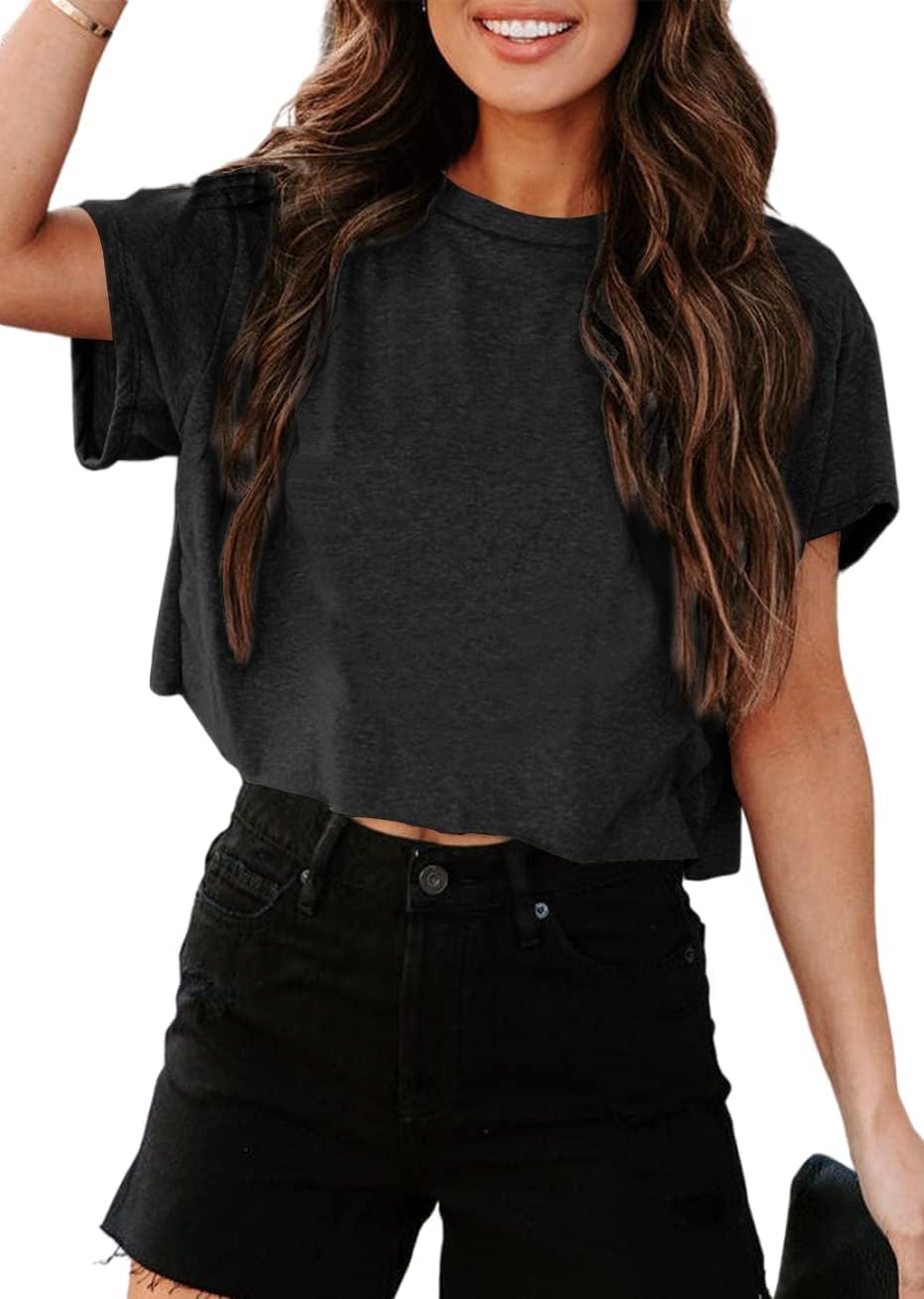 Tankaneo Crop Tops Damen Oversize Sport Oberteile Cropped Shirts Rundhals Loose Bauchfrei Sommertop Kurz T-Shirts.