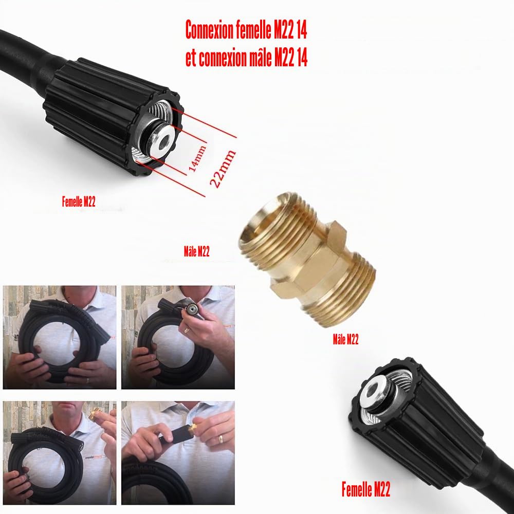 Tuyau de nettoyeur haute pression de 10 m, tuyau d'extension M22 x 14 mm, tuyau de remplacement haute pression 240 bars compatible avec Kärcher standard M22-14 connexion avec raccord fileté M22 x 1,5