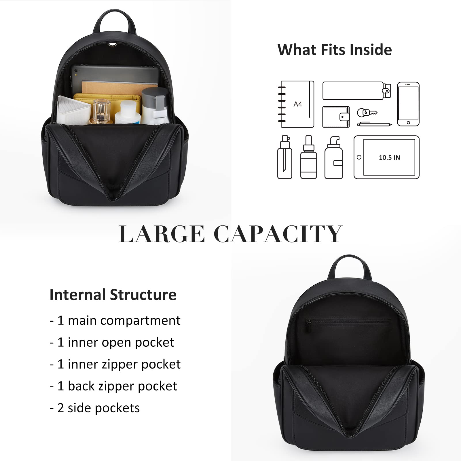 ECOSUSI Women Backpack Purse Water Resistant PU Leather Backpack Fashion Rucksack Ladies College Daypack with Tassel,2 Pcs