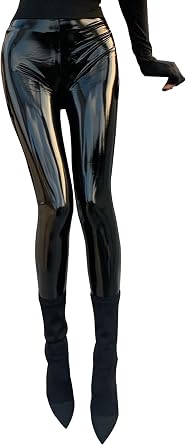 Vxuxlje Women's Patent Leather Wet Look Leggings Latex Rubber Skinny Pants Trousers Bottoms