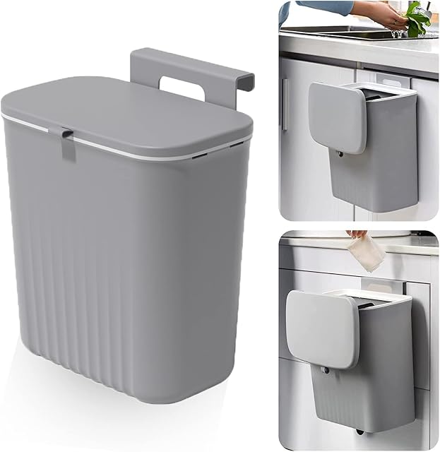 FWEEK Hanging Trash Can with Sliding Cover, 9L Built-in Bin Waste Bin with Lid, Plastic Cupboard Bins for Cupboard, Kitchen, Motorhome,Bathroom, Toilet, Bedroom, Living Room, Office - Grey