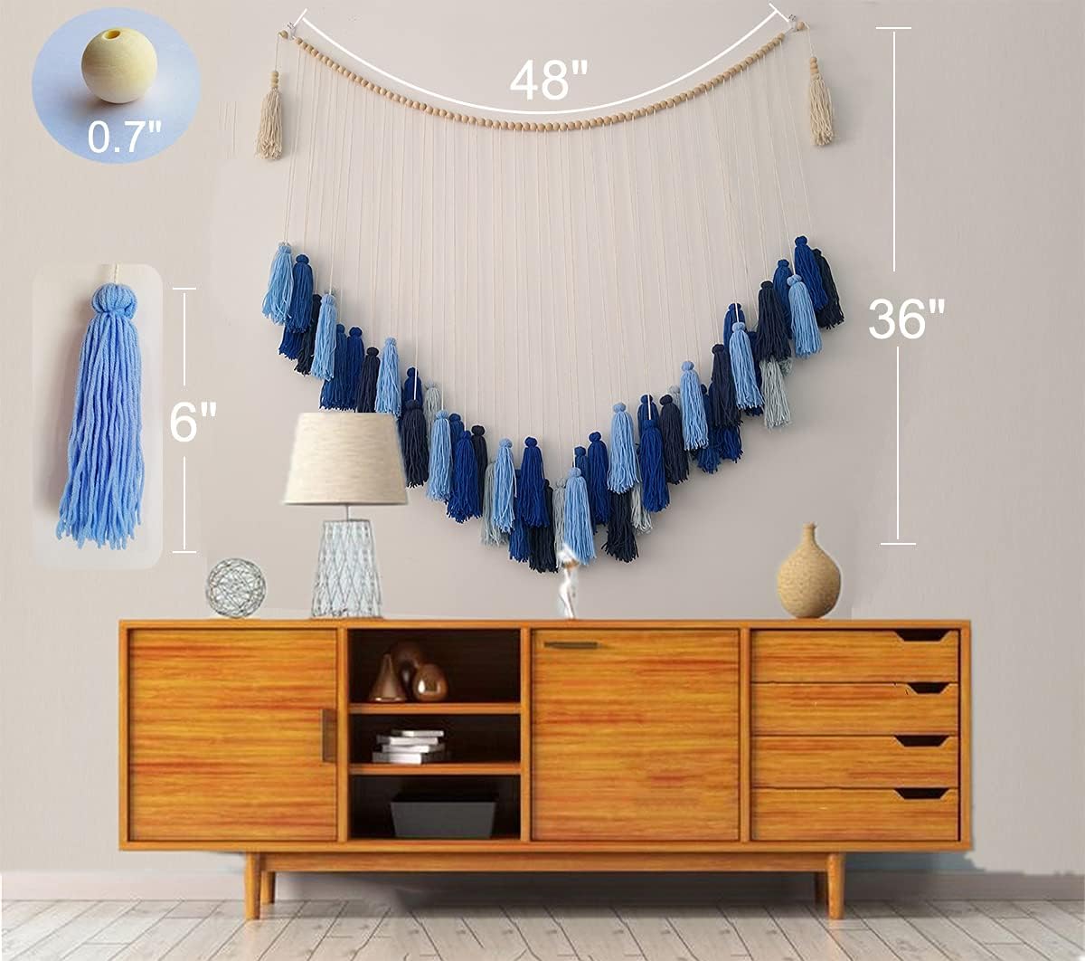 LVOPO Large Macrame Wall Hanging, Boho Wall Decor with Wood Beads, Bohemian Woven Wall Tapestry, Room Colorful Tassels Wall Art - Blue - 48 W x 36 H
