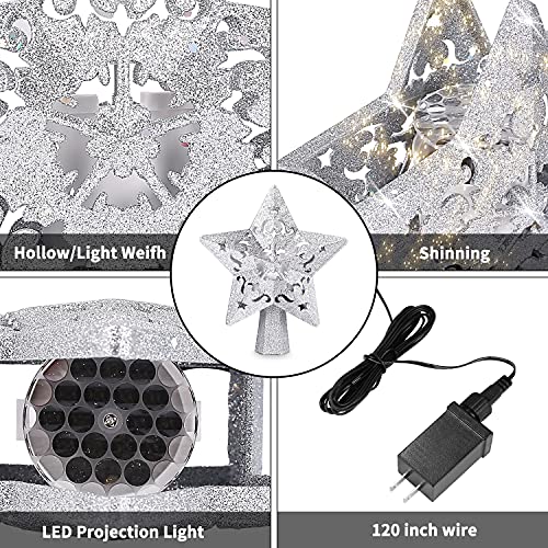 Christmas Tree Topper With 3D Santa Bells Star Projector,Fohuas Led Rotating Santa Claus Xmas Tree Light Lamp,Glitter Sparkling Silver Snow Tree-Top Romantic Decoration Ornament (Silver Star-Santa) #TOP2
