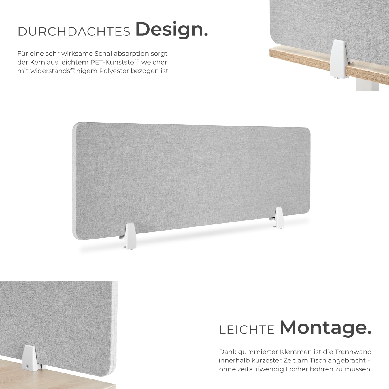 tectake® Schreibtisch Trennwand, Akustik Polster, Tischtrennwand, Sichtschutz Schreibtisch, Schallschutz Büro, Schule oder Home Office, Pinnwand, einfache Montage ohne Bohren, 160 x 40 cm - grau