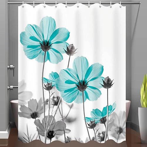 Miniatura 3 de MERCHR Cortina de ducha floral única para decoración de baño, diseño de margaritas verde azulado y gris, elegante diseño de flores silvestres con
