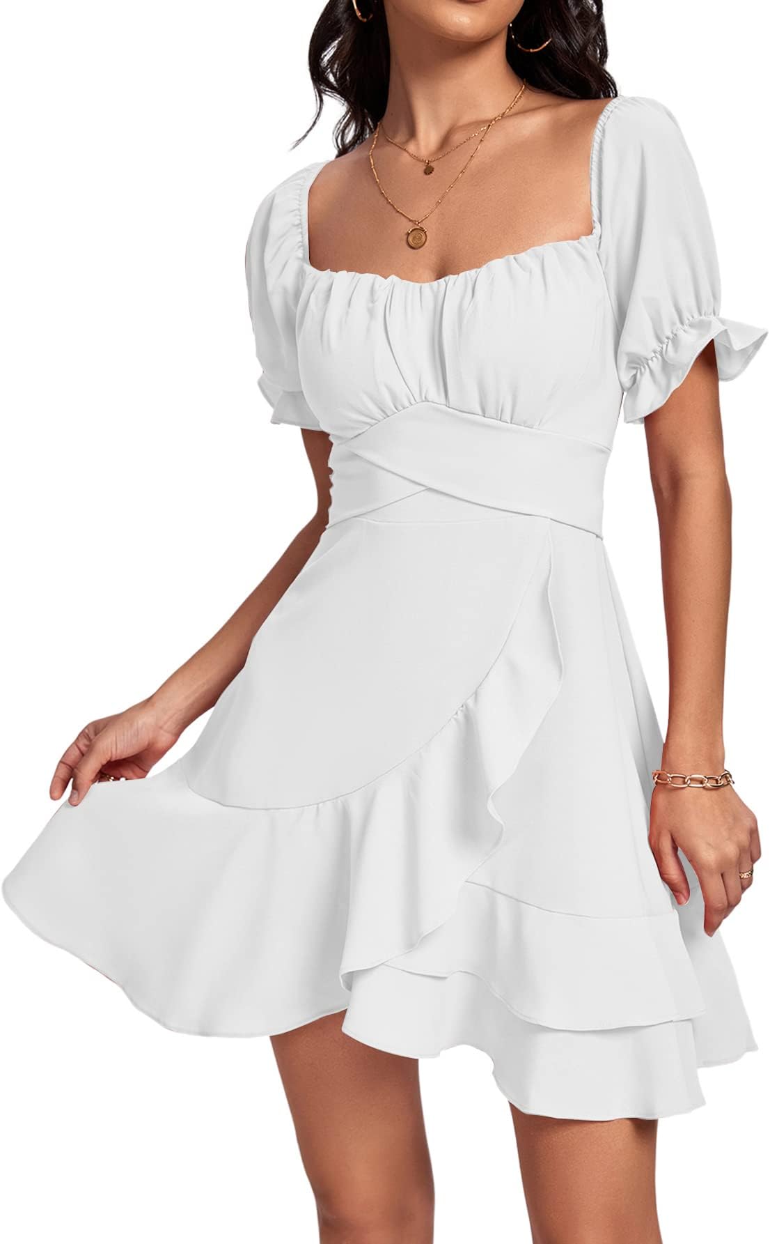 LYANER Women's Square Neck Ruffle Wrap Mini Dress Off Shoulder Flounce Short Sleeve A Line Flowy Dress