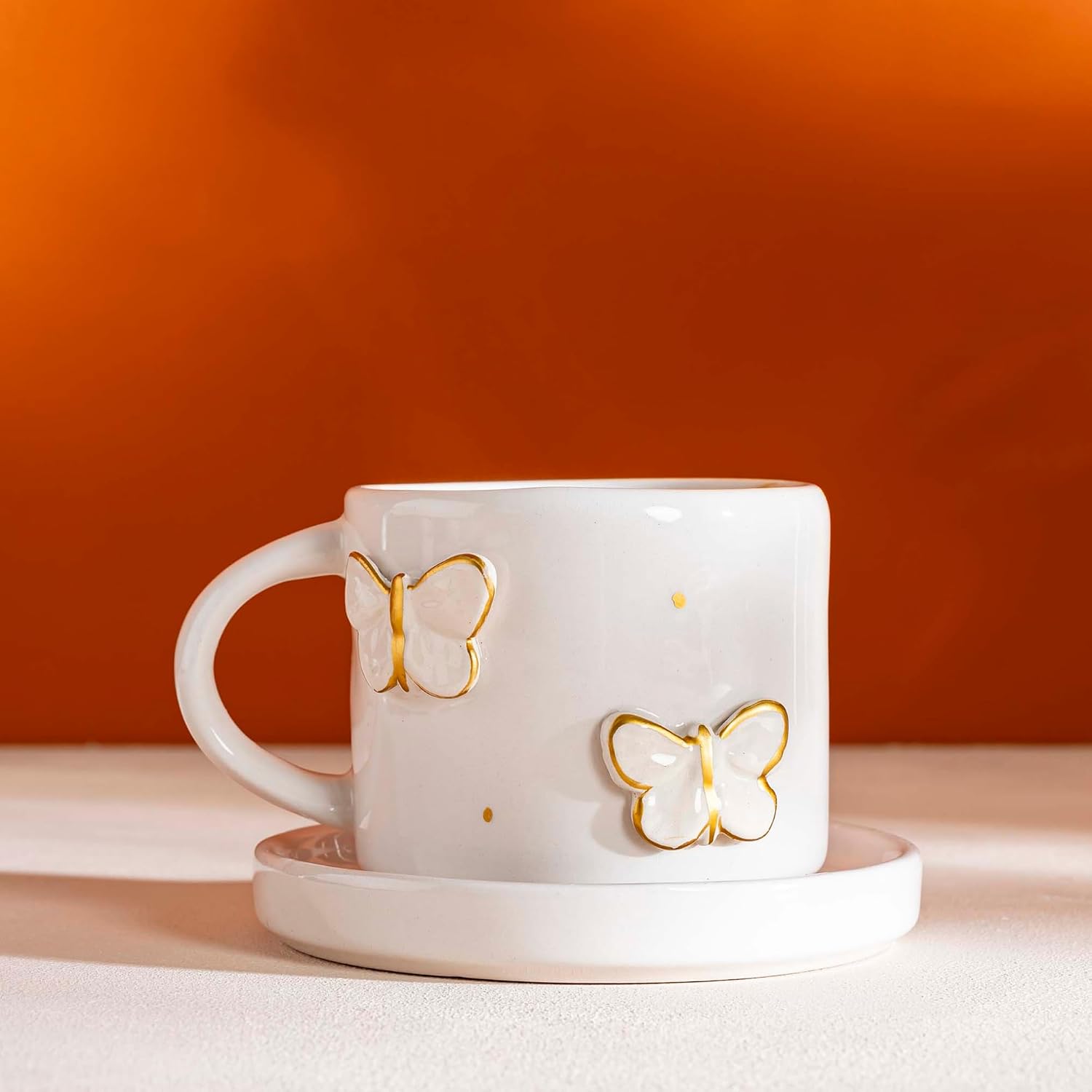 Handmade Double Coffee Mug with Heart Design | Ceramic Coffee & Tea Cup for Latte, Espresso & Cappuccino | Cute Gift Mug for Women, Men, Couples & Everyday Home Use (Gold Butterfly)