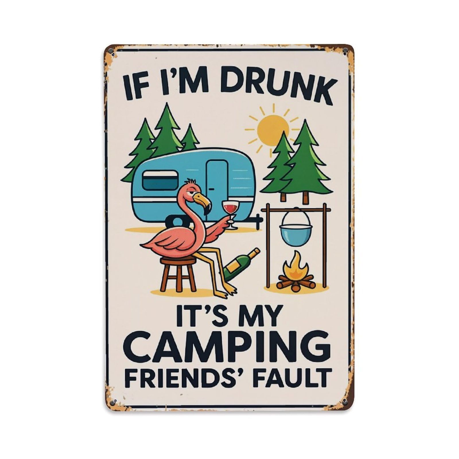 Jdfenggu Vintage Flamingo Camping Wine Fire Camp Retro Metal Tin Sign, Decor Art Poster For Bar, Home, Man Cave, Kitchen, Laundry Room Gift 8X12inch
