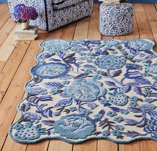 Image of FloorFusion 'Floral' Design Premium Rug Loop Cut High Low Pile Woolen Carpet for Living Room Bedroom Drawing Room Hall and Floor Size 6 x 8 feet (180x240 cm) Color Ivory & Blue Multi