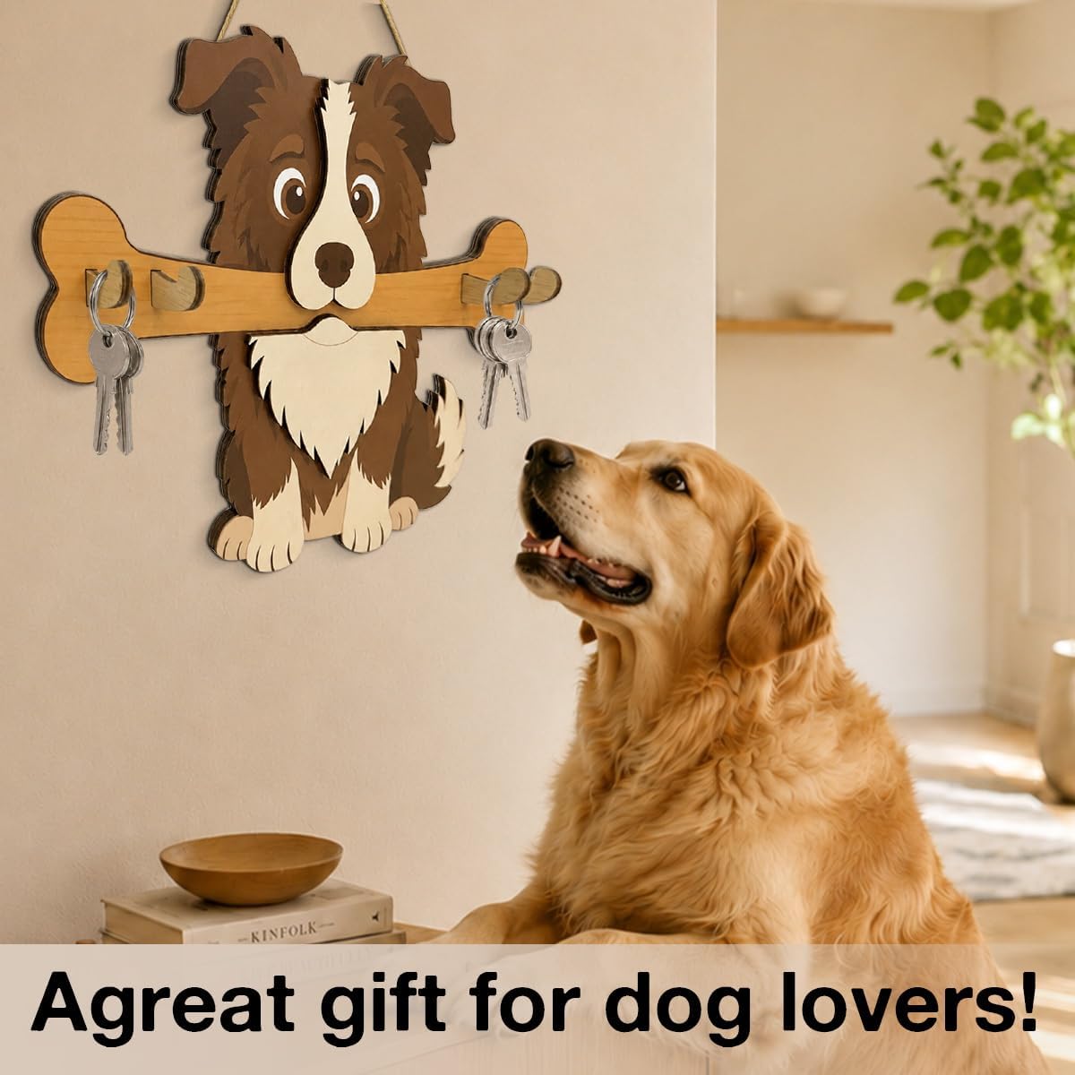 Dog Leash Holder for Wall, Key Holder Wall Mount with 4 Keys Hooks, Puppy Key Hooks for Collars, Entryway Garage Living Room Kitchen Mudroom, Gifts for Dog Lovers