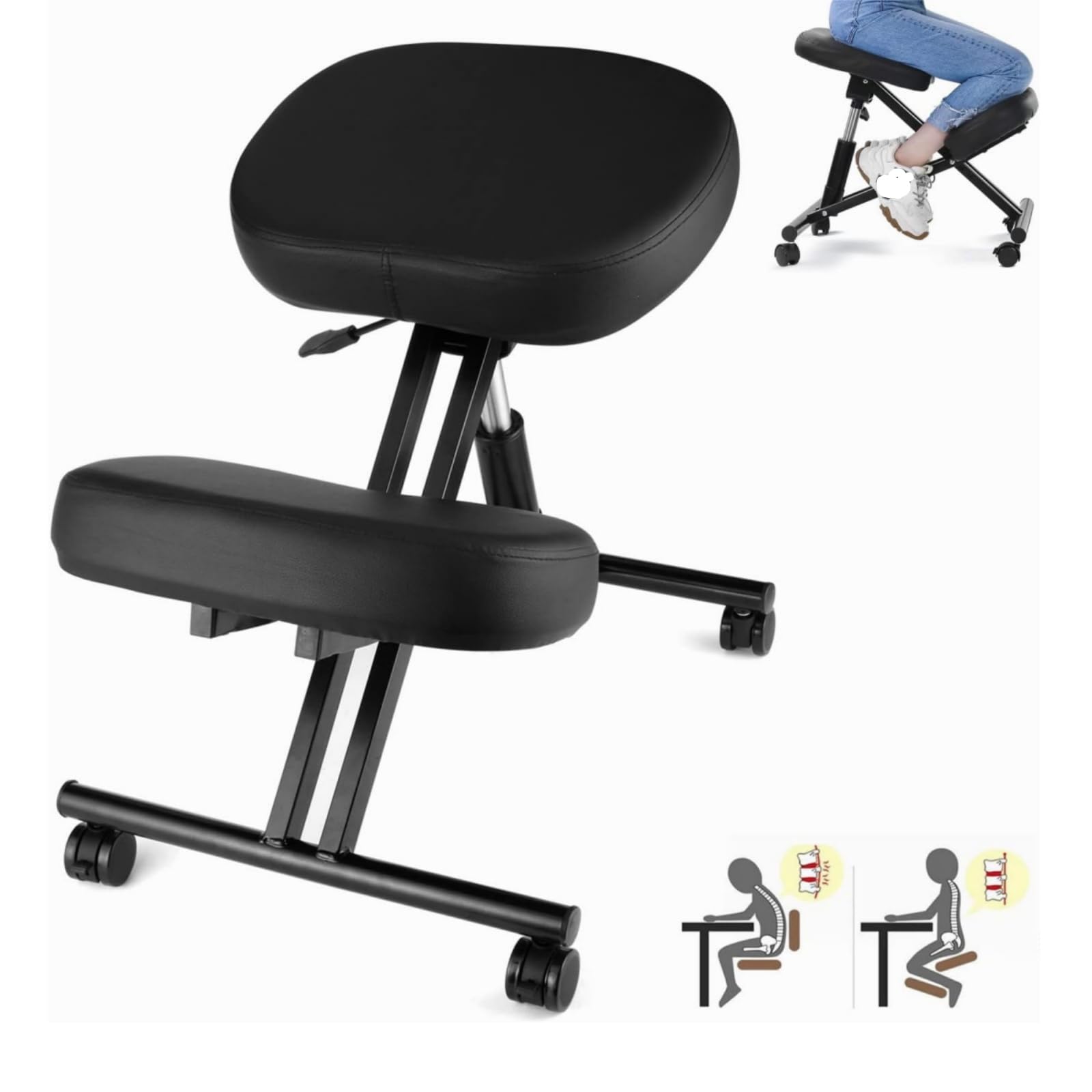 Chaise genoux, ergonomique, repose-genoux, tabouret de bureau, hauteur réglable, avec roulettes, améliore votre posture avec un siège incliné - Coussin épais et confortable - Noir