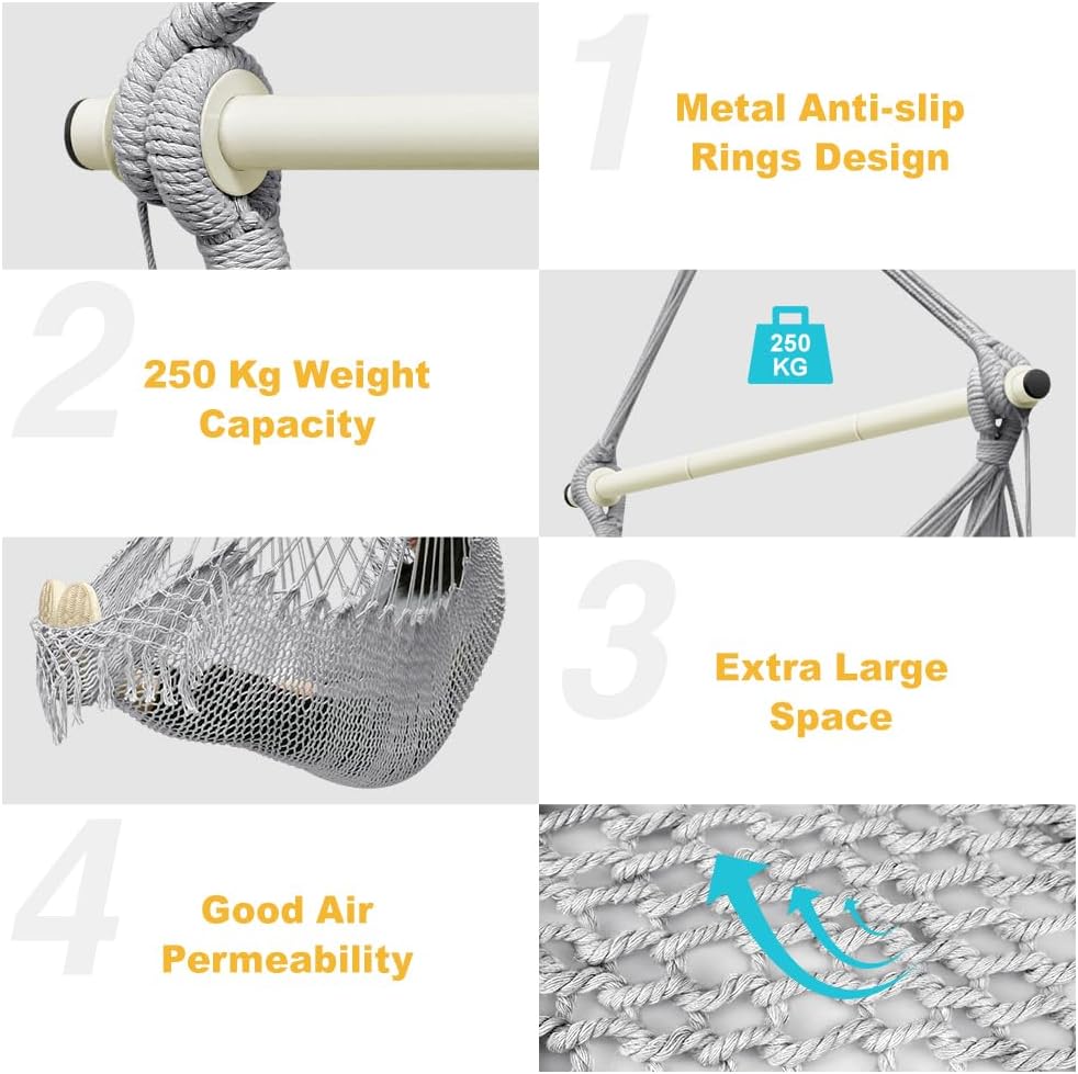 Hammock Chair, Cotton Rope Handwoven Chair with Collapsible Metal Spreader Bar Max 330 LBS for Indoor&Outdoor, Patio, Garden, Yard (Gray)