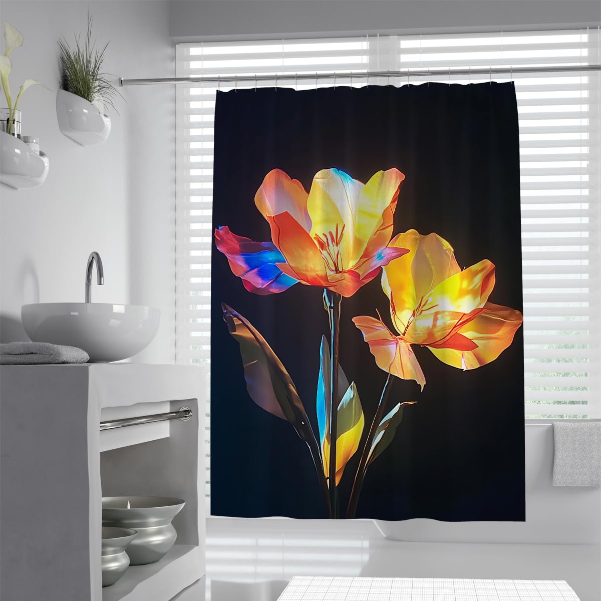 UIRINGART Luxury Dark Tulip Bathroom Curtain W200xL200cm Bright Yellow Orange Flower Mildew Resistant Waterproof Bath Curtains With Hook For Bath Tub