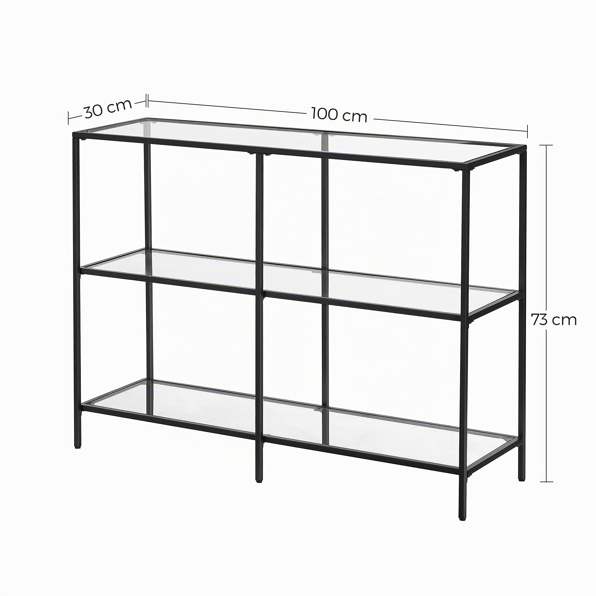 VASAGLE Consolle Ingresso, Tavolo Consolle, Scaffale a 3 Ripiani in Vetro Temperato, 30 x 100 x 73 cm, Struttura Metallo, Corridoio Soggiorno Camera da Letto, Nero LGT027B01