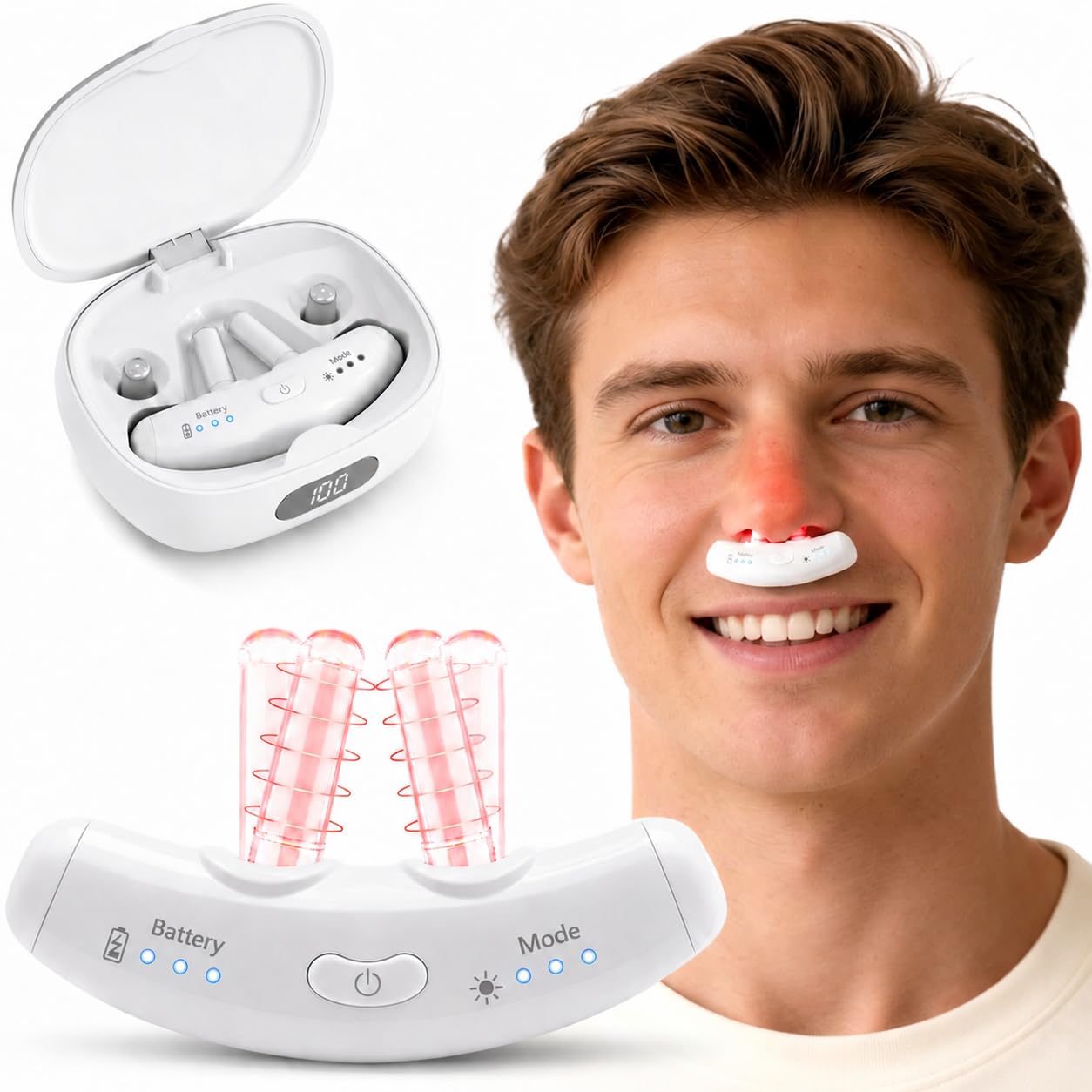 Terapia de luz azul con luz roja para nariz, dispositivo nasal LED para nariz seca y comodidad sinusal, terapia de luz recargable por USB con estuche de carga