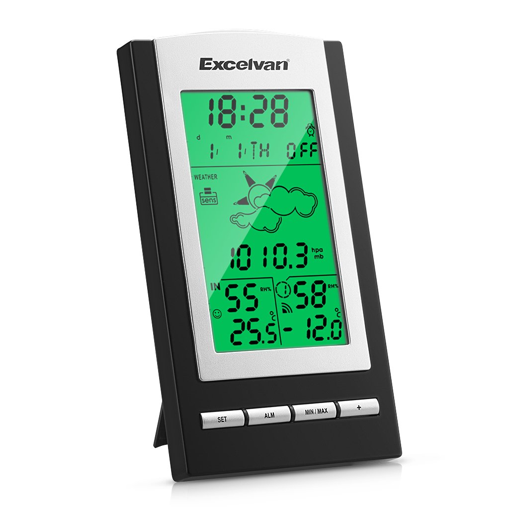 Front view of the EXCELVAN WH1175 weather station and its remote sensor, showing the LCD display and control buttons.