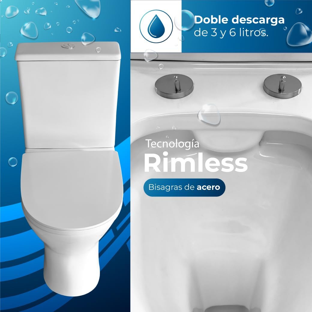Inodoro Completo - WC Inodoro Completo con Sistema Rimless Antibacterias - Vater Baño con Tapa UF Termodurente Amortiguada - Inodoro Salida Dual Eficiente con Ahorro de Agua (Lisboa)
