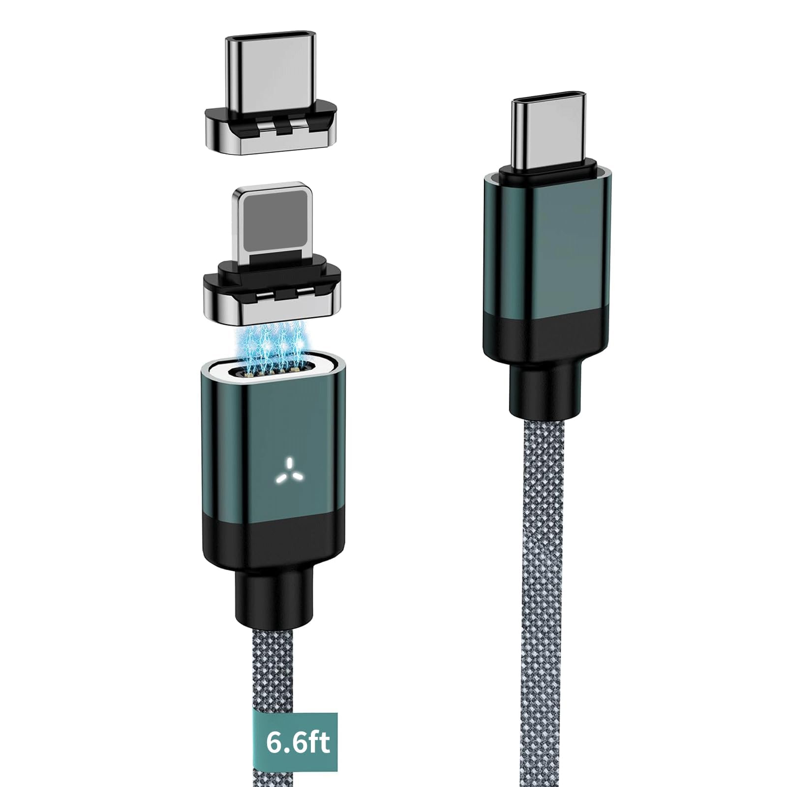 Cable de carga USB C magnético 2 en 1 de 100 W, transferencia de datos de 480 Mbps, carga rápida de 5 A para iPhone 16/15/14/13 Pro Max, MacBook Pro, iPad, Galaxy S22, Pixel (verde)