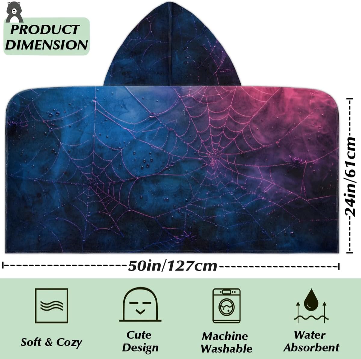 Pardick Kids Bath Towel Dark Spider Web Beach Towel with Hood Pool Cover Up for Girls Boys Soft Absorbent Hooded Bath Towel Toddler Towels for Beach, Pool