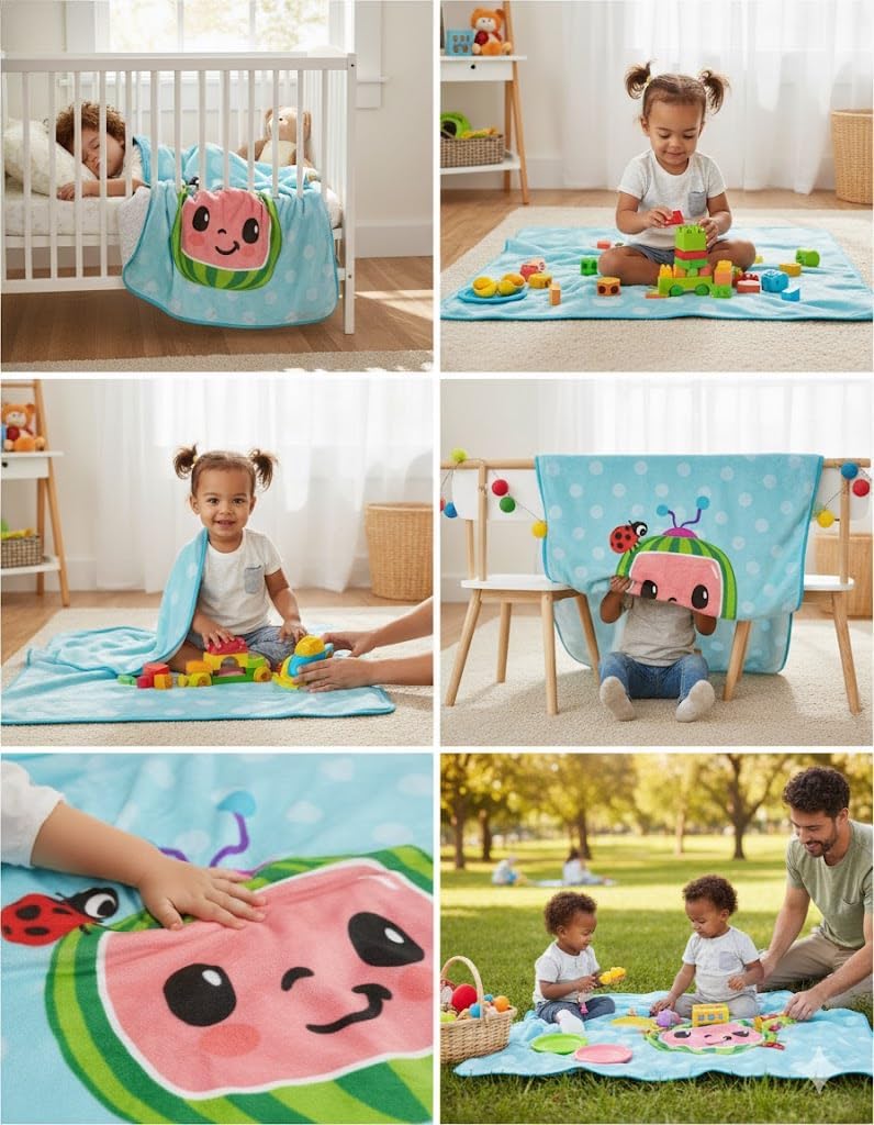 Jay Franco CoComelon Plush Throw Blanket for Kids, Soft Fleece Polyester Throw, 46 x 60 in Cozy Blanket for Bedroom, Couch, Travel, Daycare, Sleepovers, Blue Moonbug Design