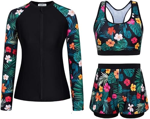 JASAMBAC 3-Teiliger Rash Guard Set Badeanzug Damen Bauchweg Langarm Badeshirts Bikini Oberteil Und High Waist Badeshorts Reißverschluss Bademode Surfanzug Sport Schwimmanzug