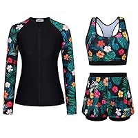 JASAMBAC Badeanzug Damen Bauchweg 3-Teiliger Rash Guard Set Langarm Badeshirts Bikini Oberteil Und High Waist Badeshorts Reißverschluss Bademode Surfanzug Schwimmanzug