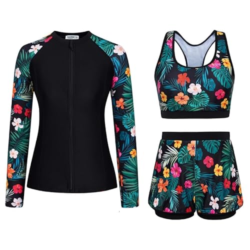 JASAMBAC Rash Guard Sets Womens, Tummy Control Swimwear Swimming Costume Women, Rash Guard Swimsuit UPF 50+ Bikini Top & High Waist Boyshorts Zipper Modest Swimwear Bathing Suit Soft Surf Suit