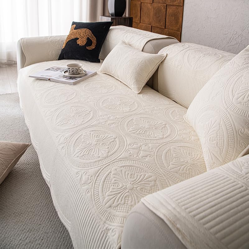 Housse de canapé pour salon familial coton lavable beige 110 x 240 cm